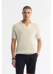 Avva Men's Beige 100% Cotton Polo Neck Buttonless Openwork Knitwear T-Shirt A51Y5166