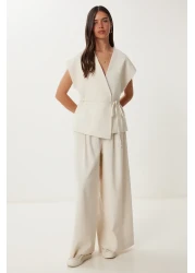 Happiness İstanbul بدلة بنطلون نسائية من الكتان الكريمي NO00020