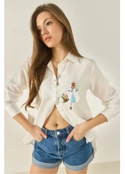 Bianco Lucci قميص نسائي بأكمام طويلة مفصلة بتطريزات أيروبين MG5166 60283242