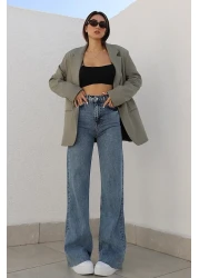 DRC trend بنطال جينز نسائي من قماش الليكرا الفضفاض متوسط الخصر وخصر عالي من طراز 90