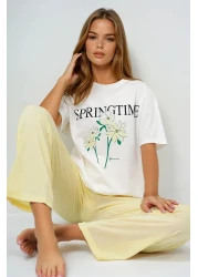 VAGGON Women's Butter Yellow Crew-Neck Printed T-shirt And Pajama Set With Solid Color Pants Pjmx13883