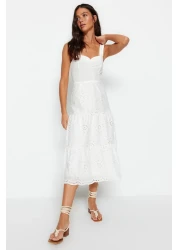  Collection White Waist Opening Midi Lined Embroidery Woven Dress TWOSS23EL00156