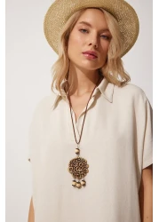 Happiness İstanbul فستان كتان صيفي طويل بقلادة كريمية للنساء ZH00015