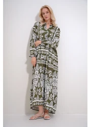 Trend Alaçatı Stili فستان نسائي من الفسكوز المنسوج بأزرار من الكاكي روبا ALC-X12036