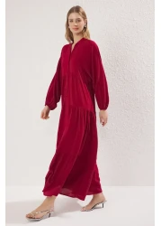  Modest فستان منسوج من الفسكوز باللون العنابي TCTSS24EB00221