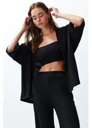  Collection طقم كيمونا وبنطلون أسود محبوك مريح - TWOSS24AU00091