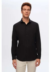D'S Damat Black Slim Fit - Italian Collar Dobby Long Sleeve Easy to Iron Breathable Four Seasons