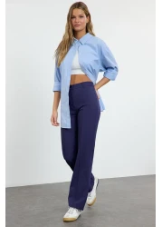  Collection Navy Blue Straight Cut High Waist Ribbed Stitched Woven Trousers TWOSS21PL0093