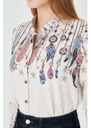 armonika Women's Light Beige Judge Collar Patterned Shirt Arm-25Y 001013