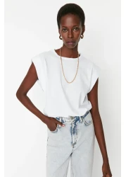  Collection White 100% Cotton Wadding Look Basic Crew Neck Knitted T-Shirt TWOSS20TS0021