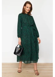  Modest فستان منسوج من الشيفون مبطن بحزام منقوش باللون الأخضر الداكن TCTSS21EL3346