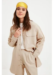  Modest طقم قميص وبنطلون بيج - تفاصيل الجيب، إغلاق سريع TCTAW22US0013