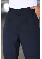 Bürke بنطال فضفاض باللون الأزرق الداكن - طيات مزدوجة، خصر مطاطي، مقاس مريح، ساق واسعة