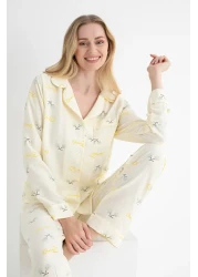 DOFİ طقم بيجامة Aerobin أصفر بأزرار للنساء - نمط الكرز، مناسب للصيف وملابس المنزل