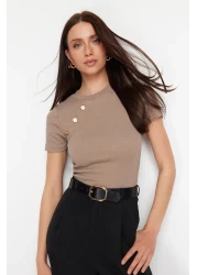  Collection Mink Button Detailed Ribbed Fitted/Fitted Stretch Knitted Blouse TWOSS24BZ00536