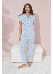 Siyah İnci طقم بيجامة محبوكة مخططة باللون الأزرق ونمط الزهور