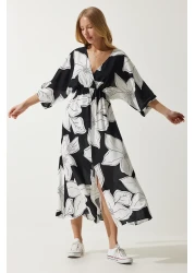 Happiness İstanbul فستان فيسكوز صيفي منقوش بياقة ملفوفة باللونين الأبيض والأسود DK00166