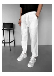 ablukaonline Men's Comfortable Fit Cotton Cool-Keeping Elastic Waist Summer Linen Trousers White