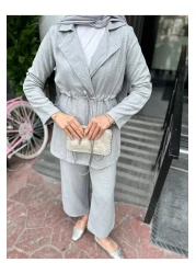 VOLT CLOTHİNG Women's Waist Drawstring Linen Jacket Pants Set