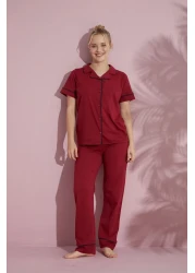 PİJAMOOD طقم بيجامة نسائي من القطن بأكمام قصيرة وأزرار أمامية باللون العنابي