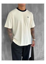 ablukaonline Men's Contrast Detailed Oversize Basic T-Shirt Cream