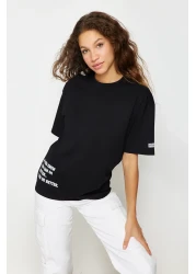  Collection Black 100% Cotton Slogan Printed Oversize/Wide Fit Crew Neck Knitted T-Shirt TWOSS23TS00183