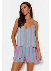 Collection Multicolor Striped Rope Strap Woven Pajama Set with Viscose Shorts Thmss23Pt00225