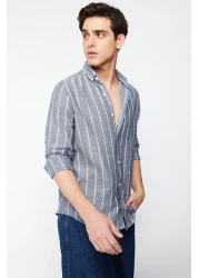  Collection Navy Blue Striped Slim Fit Shirt - Button Collar TMNSS22GO0028