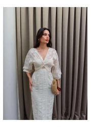 ESRAHELVACI فستان ميدي بأكمام على شكل بالون مكشكش