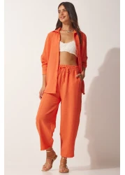 Happiness İstanbul Women's Orange Linen Shirt Baggy Trousers Set DZ00080