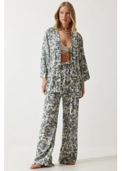 Happiness İstanbul بدلة بنطلون كيمونو بالازو بنمط رمادي على شكل عظمة للنساء EN00614