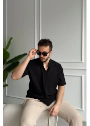 Livio Ferri قميص Soro رجالي كبير الحجم ذو مظهر كتان وأكمام قصيرة وياقة نصف فتحة