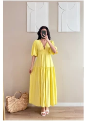 LOCH BUTİK فستان طويل أصفر بأكمام قصيرة ورقبة على شكل حرف V للنساء