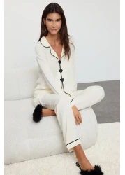  Collection White Heart Embroidered Bias Tape Viscose Woven Pajama Set Thmaw25Pt00179