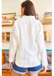 Olalook قميص نسائي كاجوال من الكتان المنسوج مع جيوب وتطريز GML-19001009