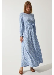 Happiness İstanbul Women's Sky Blue Floral Summer Long Knitted Dress DD01322