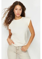  Collection Beige 100% Cotton Wadding Look Basic Crew Neck Knitted T-Shirt TWOSS20TS0021