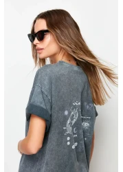  Collection Anthracite 100% Cotton Faded Effect Back Printed Boyfriend Crew Neck Knitted T-Shirt TWOSS23TS00109