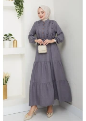 HARMAN BUTİK فستان نسائي من الكتان الرمادي بأزرار مكشكشة