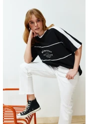  Collection Black 100% Cotton Color Blocked Slogan Oversize/Wide Fit Knitted T-Shirt TWOSS24TS00132