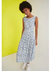  Collection فستان ميدي منسوج بتصميم زهور منخفض الخصر ومفتوح من الخصر باللون الأزرق TWOSS21EL0709