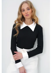Trend Alaçatı Stili قميص أسود طية صدر السترة كتلة اللون بروتيل المرأة بلوزة - ALC-X13511