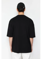  Collection تي شيرت قطني أسود مطرز كبير الحجم - كم قصير، TMNSS23TS00243