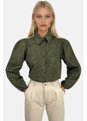 Trend Alaçatı Stili Women's Green Guipure Woven Premium Shirt Alc-X4366