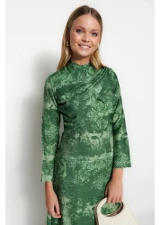  Modest Green Patterned Double Breasted Detailed Woven Dress with Collar TCTSS23EB00225