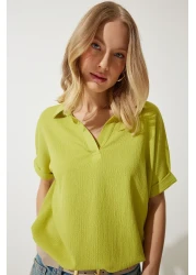 Happiness İstanbul Women's Oil Green Polo Neck Knitted Crinkle Blouse DD01299