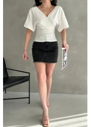 Fav Style Women's Short Sleeve Double Breasted Neck Back V Cross Band Detail Blouse White