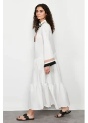  Modest Ecru Embroidery and Tassel Detailed Woven Dress TCTSS24EB00134