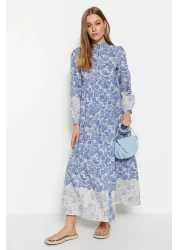  Modest فستان قميص منسوج ذو طية صدر السترة ذو مظهر عرقي أزرق TCTSS23EB00286