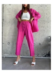 İkmal Women's Fuchsia Double Linen Shirt Pants Bottom Top Set